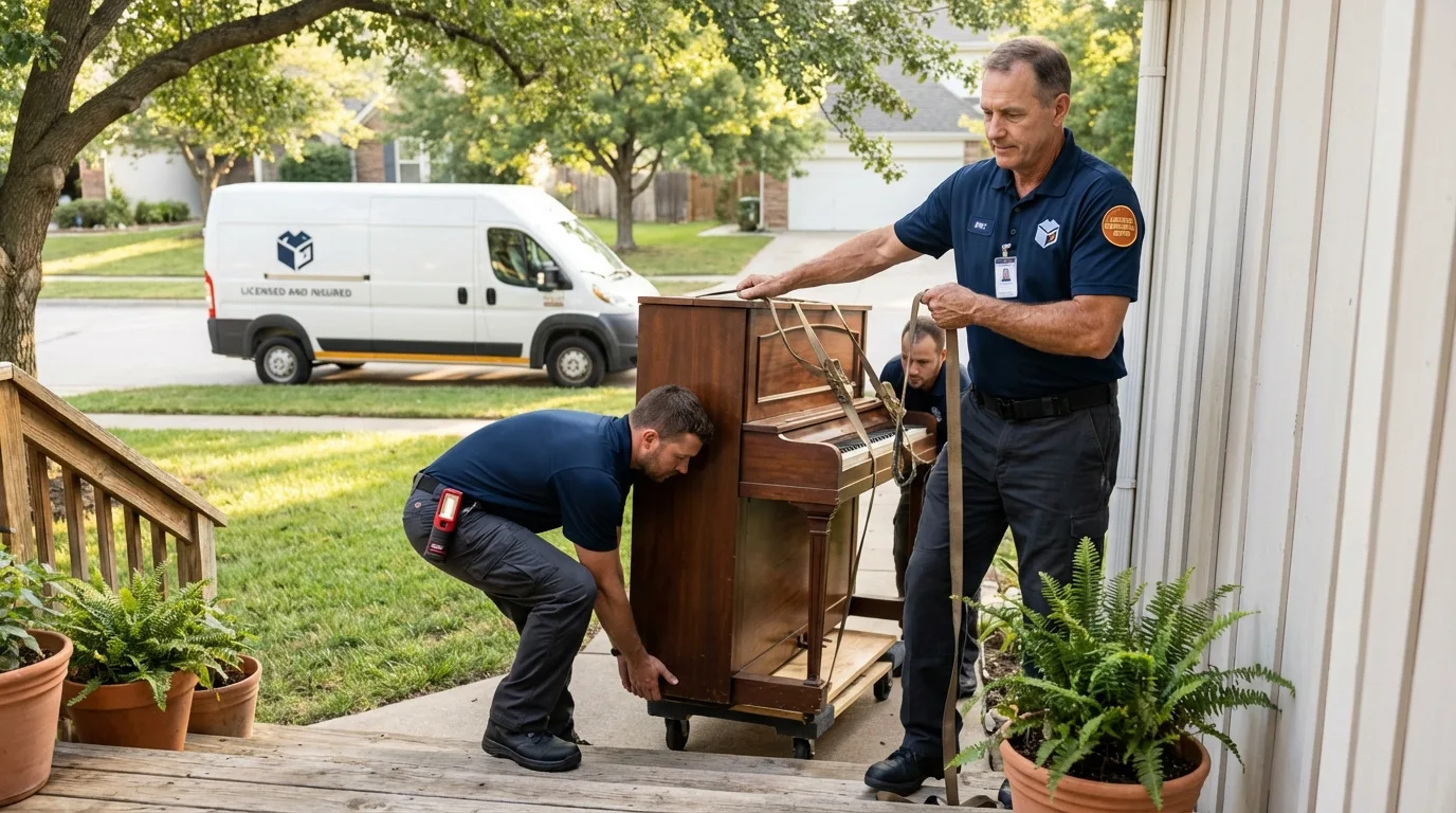 Licensed piano movers securing grand piano in Tracy City, TN