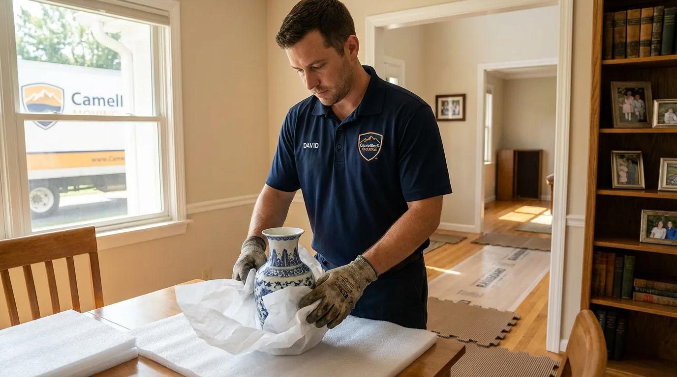 Professional crew carefully wrapping antique vase for senior downsizing move in Tracy City, TN